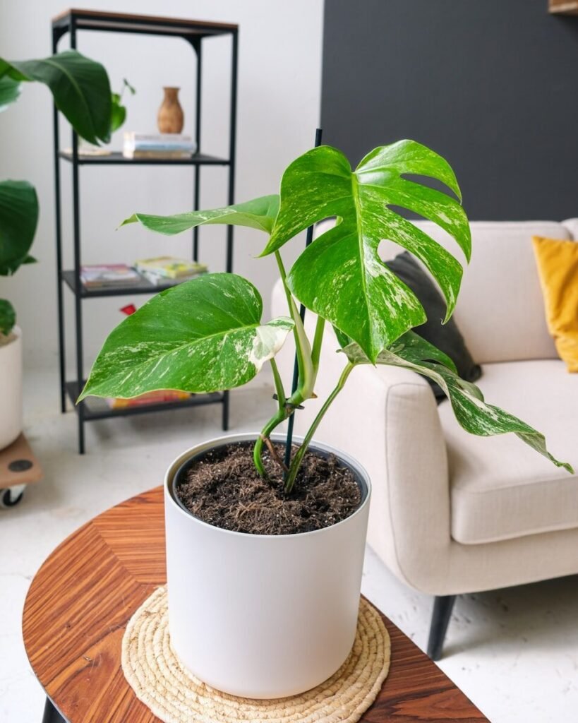 a potted plant sitting on top of a wooden table